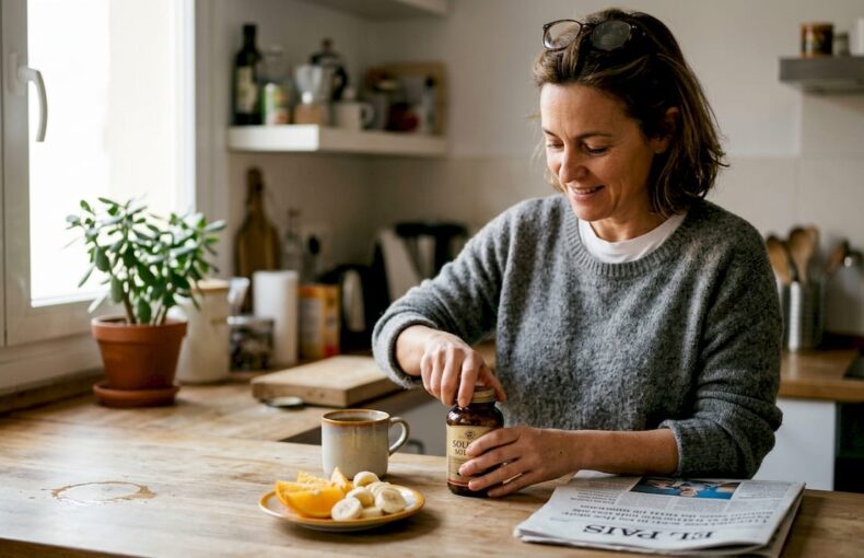 Una mujer abre un bote de suplemento Solgar mientras prepara el desayuno en la cocina.