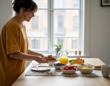 Una mujer prepara y sirve un desayuno saludable en la cocina