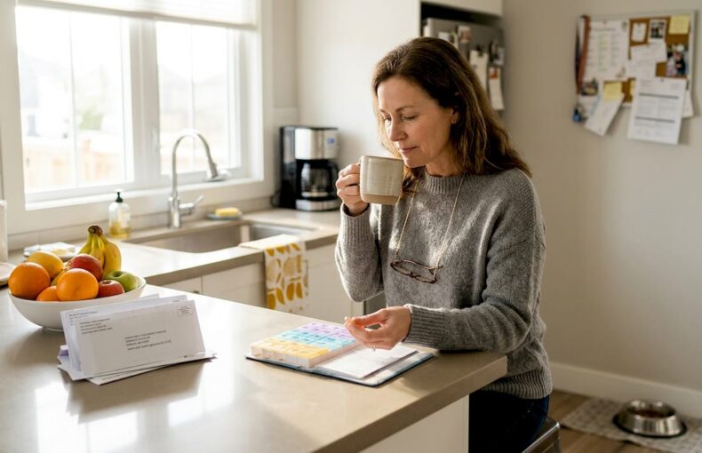 Una mujer acomoda sus vitaminas sobre la encimera de la cocina.