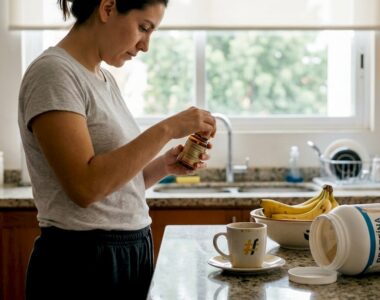 Una mujer examina un suplemento mientras está en su cocina, rodeada de utensilios y alimentos.
