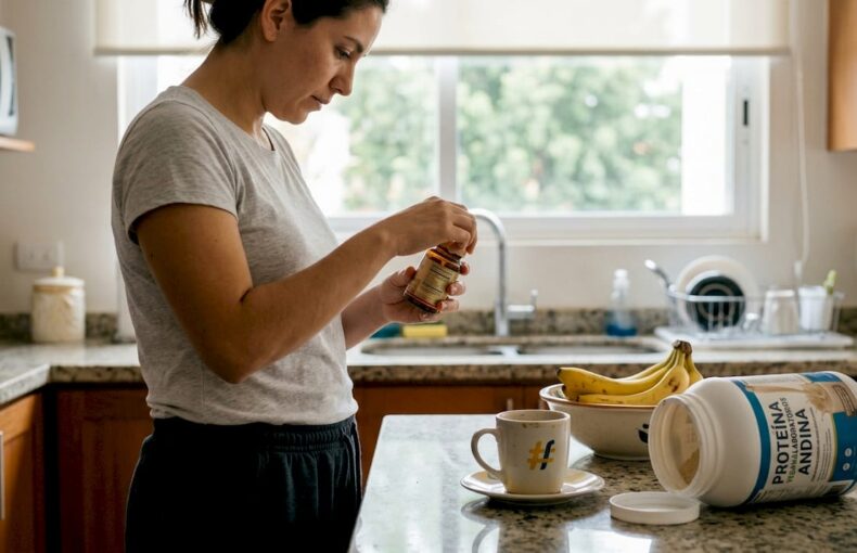 Una mujer examina un suplemento mientras está en su cocina, rodeada de utensilios y alimentos.