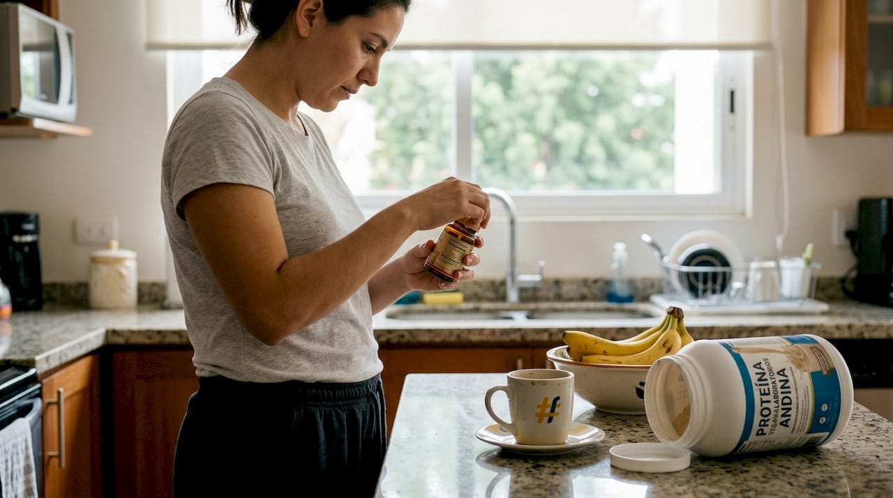 Una mujer examina un suplemento mientras está en su cocina, rodeada de utensilios y alimentos.