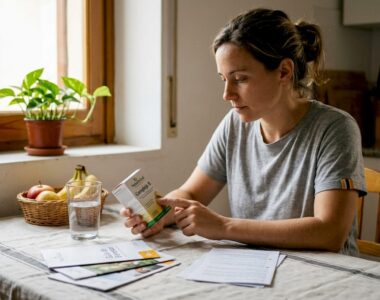 Una mujer examina sus suplementos en una cocina llena de luz natural.