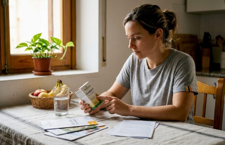 Una mujer examina sus suplementos en una cocina llena de luz natural.