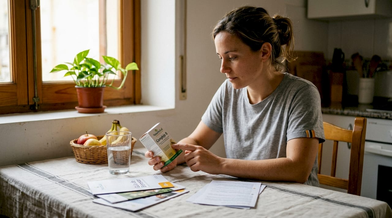 Una mujer examina sus suplementos en una cocina llena de luz natural.